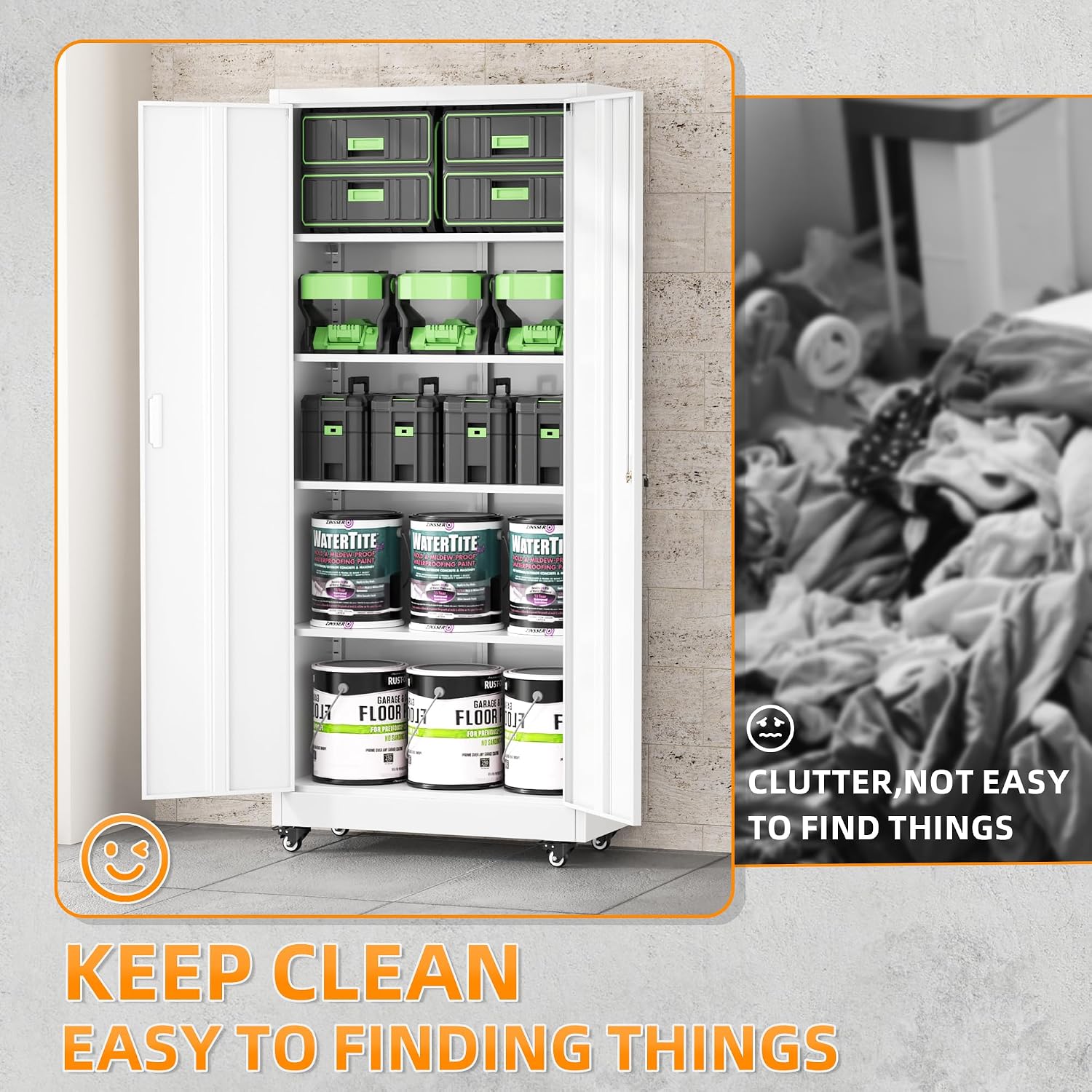 Superday 72' Metal Cabinet with Wheels, Lockable Steel Utility Cabinet with 2 Doors and 4 Adjustable Shelves, Tall Storage Cabinets for Garage, Home Office, Kitchen Pantry, Living Room, White
