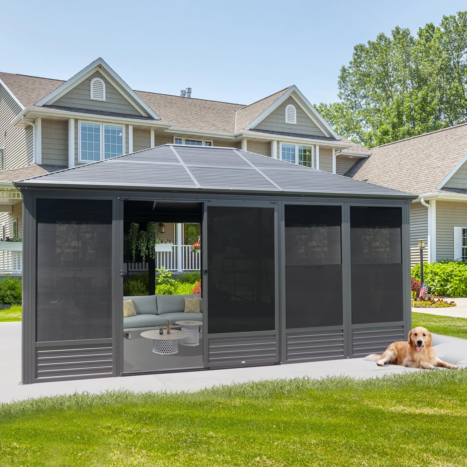 Domi 13x16.5FT Outdoor Sunroom Gazebo, Aluminum Solarium with Galvanized Steel Sloping Roof, Detachable PE Screens, 2 Sliding Doors, Permanent Sun Room Hardtop Screen House for Patio Deck Garden