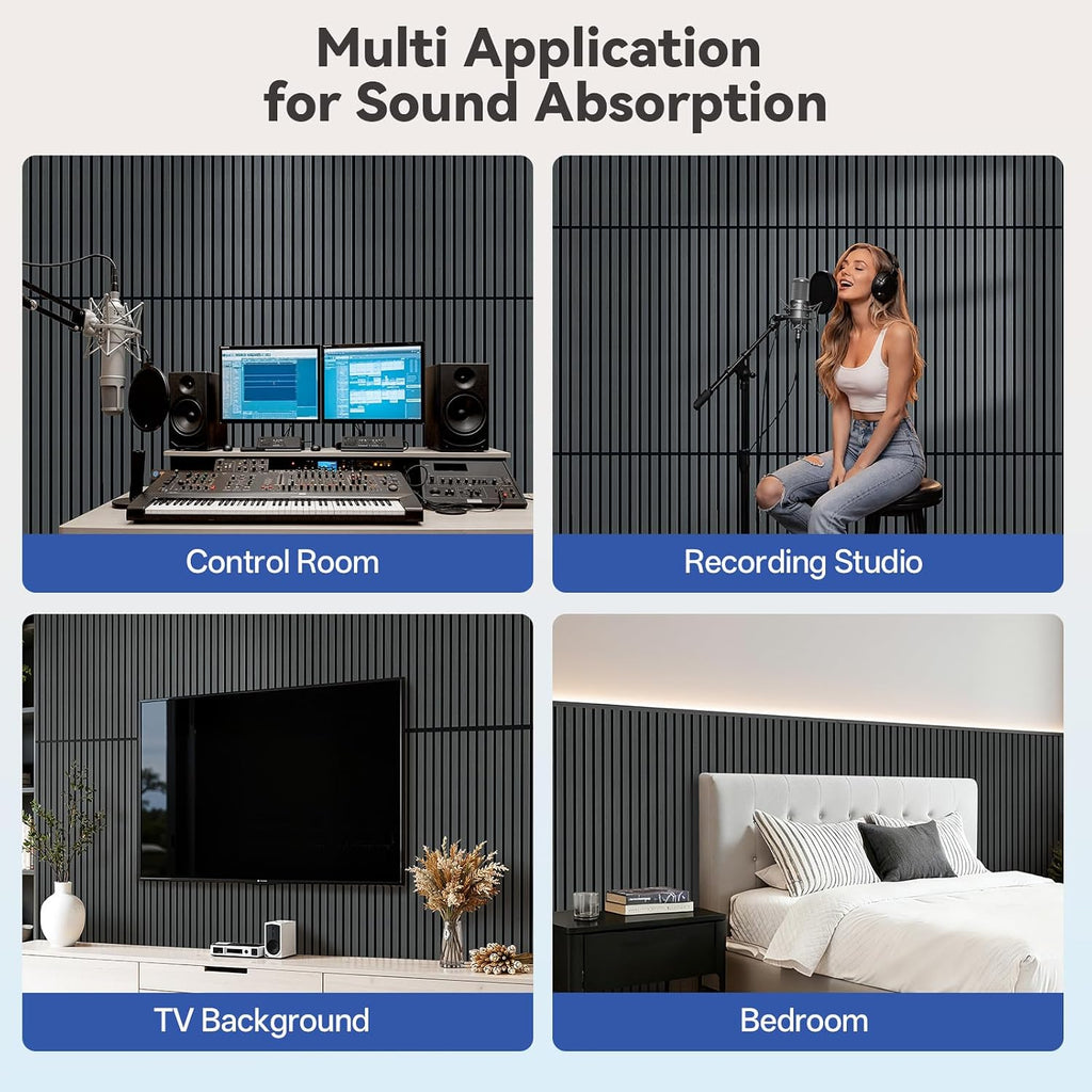 PIWA Acoustic Wall Panels 47' x 24' 4 Pack, Wood Panels for Wall Sound Dampening Slat Paneling with MDF Surface and Sound-Absorbing Core for Interior Decor, Home, Office and Gaming Room (Matte Black)