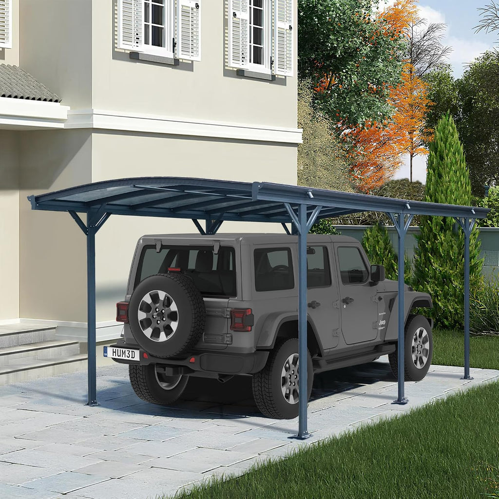 Real Relax Carport 10 x 19 ft Heavy Duty Metal, Multi-Use Shelter with Aluminum Arch-Roof with Polycarbonate Panel for Cars, Boats & Shade, Grey