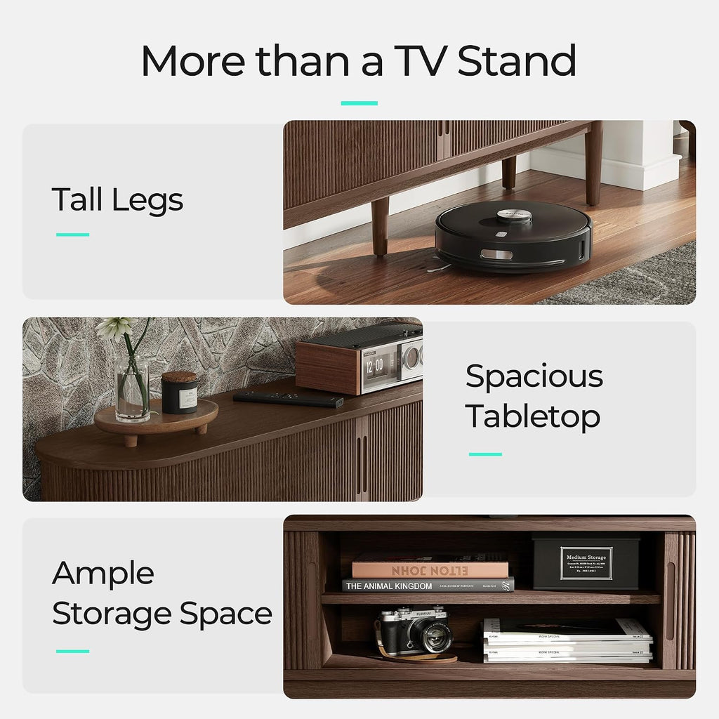 LINSY HOME 58' Fluted TV Stand for TVs up to 65 Inch, Mid Century Modern Entertainment Center with Storage Cabinet and Sliding Doors, Farmhouse Wood Media TV Console for Living Room, Bedroom, Walnut