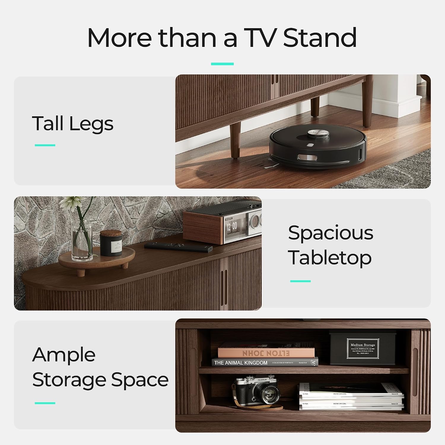 LINSY HOME 58' Fluted TV Stand for TVs up to 65 Inch, Mid Century Modern Entertainment Center with Storage Cabinet and Sliding Doors, Farmhouse Wood Media TV Console for Living Room, Bedroom, Walnut