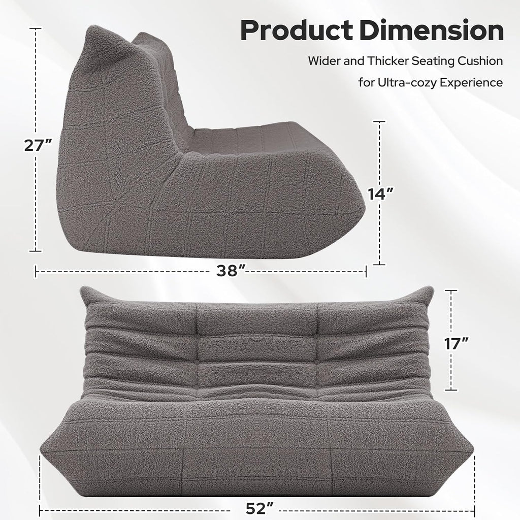 HABUTWAY Bean Bag Chairs Fireside Lazy Floor Sofa, Soft Teddy Fleece 2 Seater Sofa with High-Resilience Foam Filling，Beanbag for Living Room, Bedroom, Office (Dark Grey Teddy)