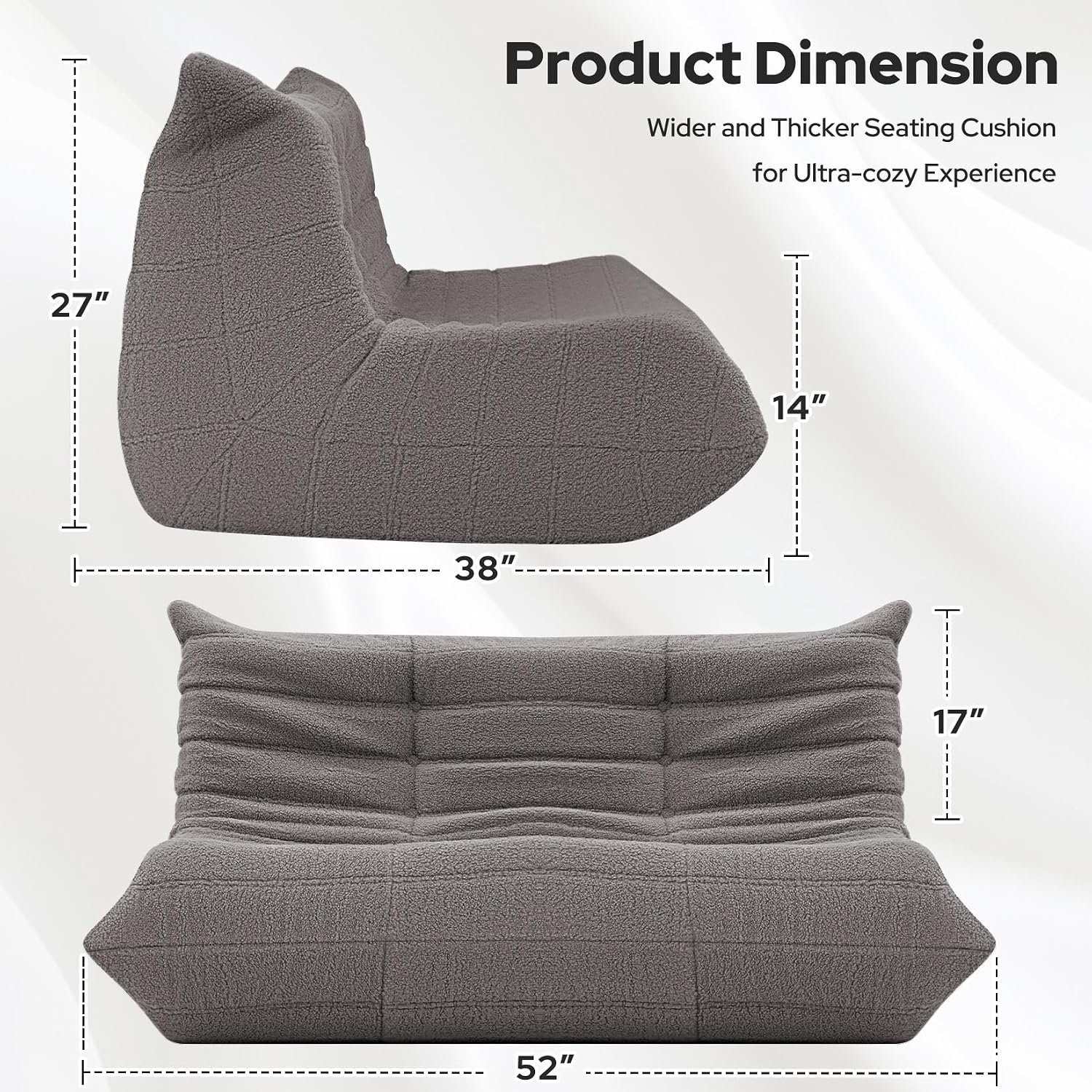 HABUTWAY Bean Bag Chairs Fireside Lazy Floor Sofa, Soft Teddy Fleece 2 Seater Sofa with High-Resilience Foam Filling，Beanbag for Living Room, Bedroom, Office (Dark Grey Teddy)