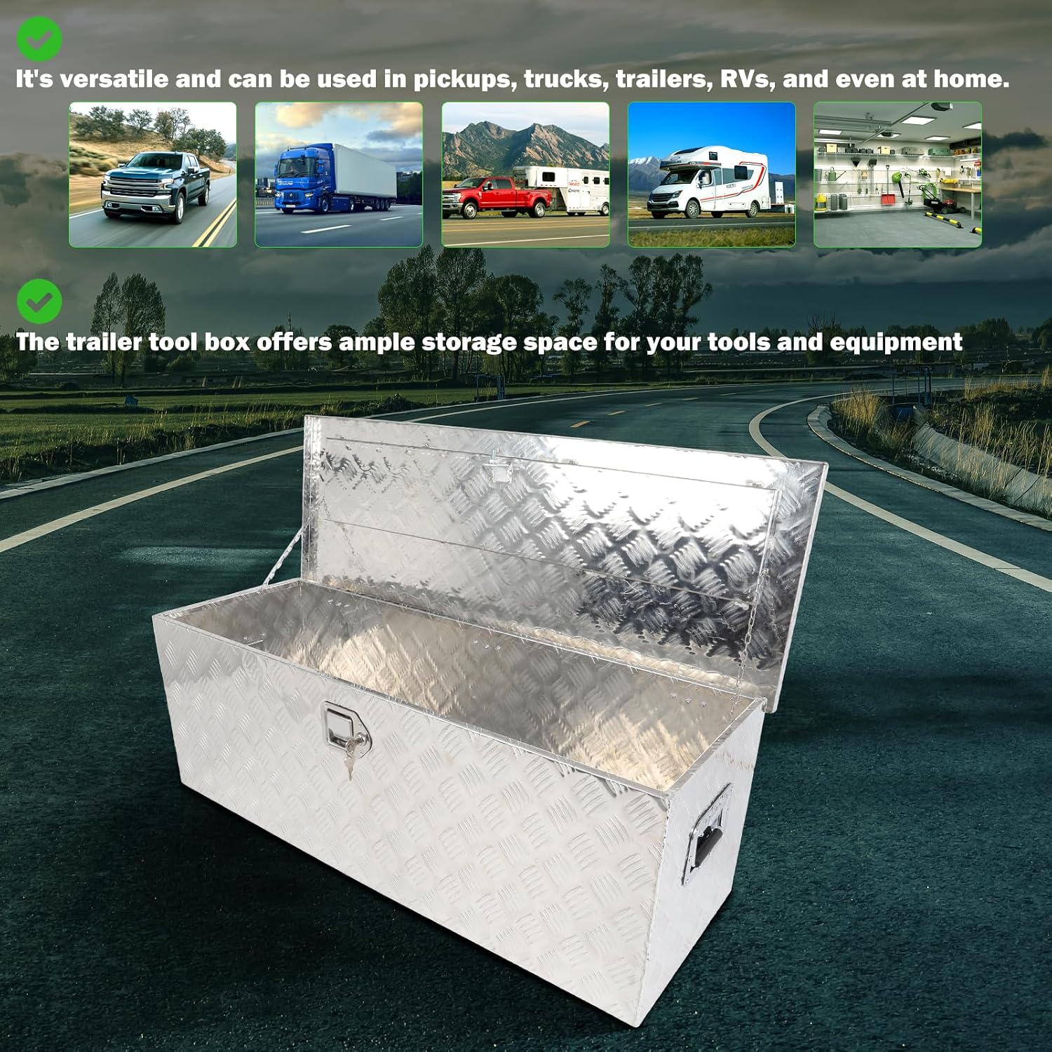 SCITOO 44 Inch Diamond Plate Truck Bed Tool Box,Heavy Duty Aluminum Crossover Storage for Most Full Size Pickups,Lockable Weatherproof Chest,Fits 44' Truck Beds,Easy Access to Load and Unload