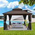 Domi Hardtop Gazebo 10x10FT, Aluminum Outdoor Gazebo with Galvanized Steel Double Roof Canopy, Curtains and Netting Included, Metal Gazebo Permanent Pavilion for Patio, Lawn, Garden, Brown