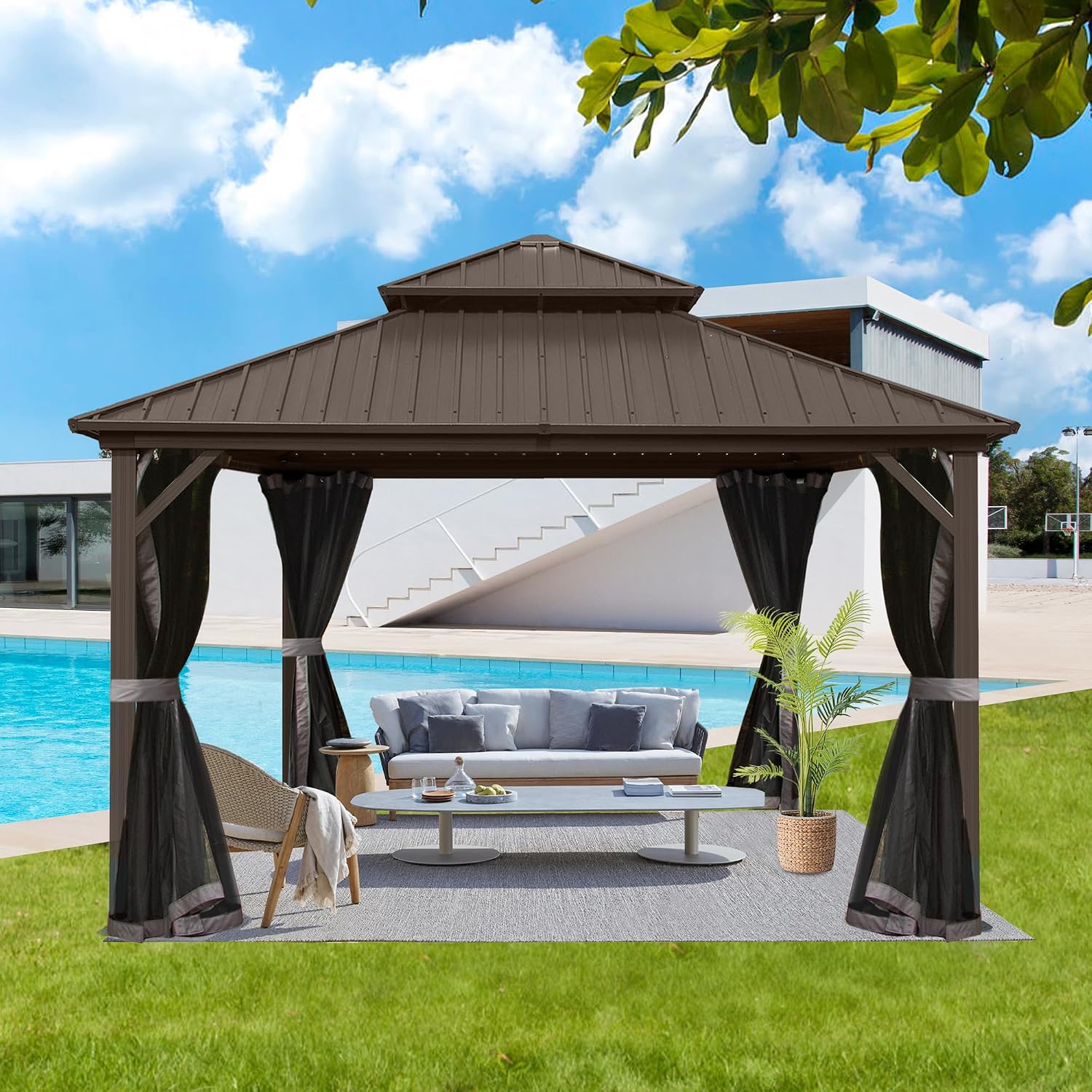Domi Hardtop Gazebo 10x10FT, Aluminum Outdoor Gazebo with Galvanized Steel Double Roof Canopy, Curtains and Netting Included, Metal Gazebo Permanent Pavilion for Patio, Lawn, Garden, Brown