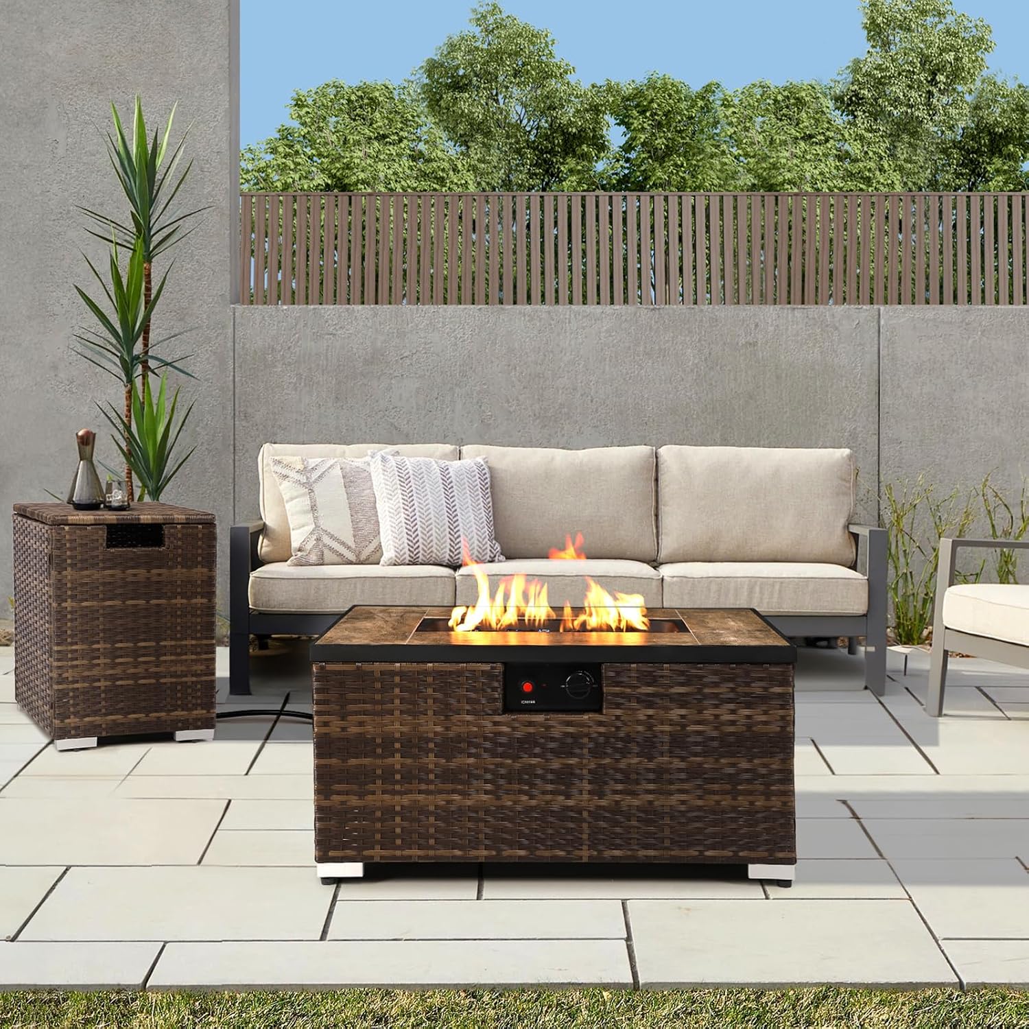 2-Piece Rattan Wicker Propane Fire Pit Table w/Tank Holder, Handmade 32-inch Gas Fire Pits for Outside Patio, Ceramic Tabletop with Steel Lid, Lava Rocks 40,000 BTU Rectangle (Brown)
