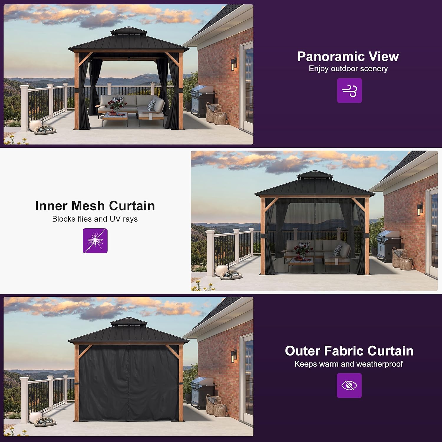 PURPLE LEAF 10' X 10' Hardtop Gazebo Outdoor Wood Grain Aluminum Frame Galvanized Steel Double Roof Gazebos with Lights for Patio Deck Backyard Garden