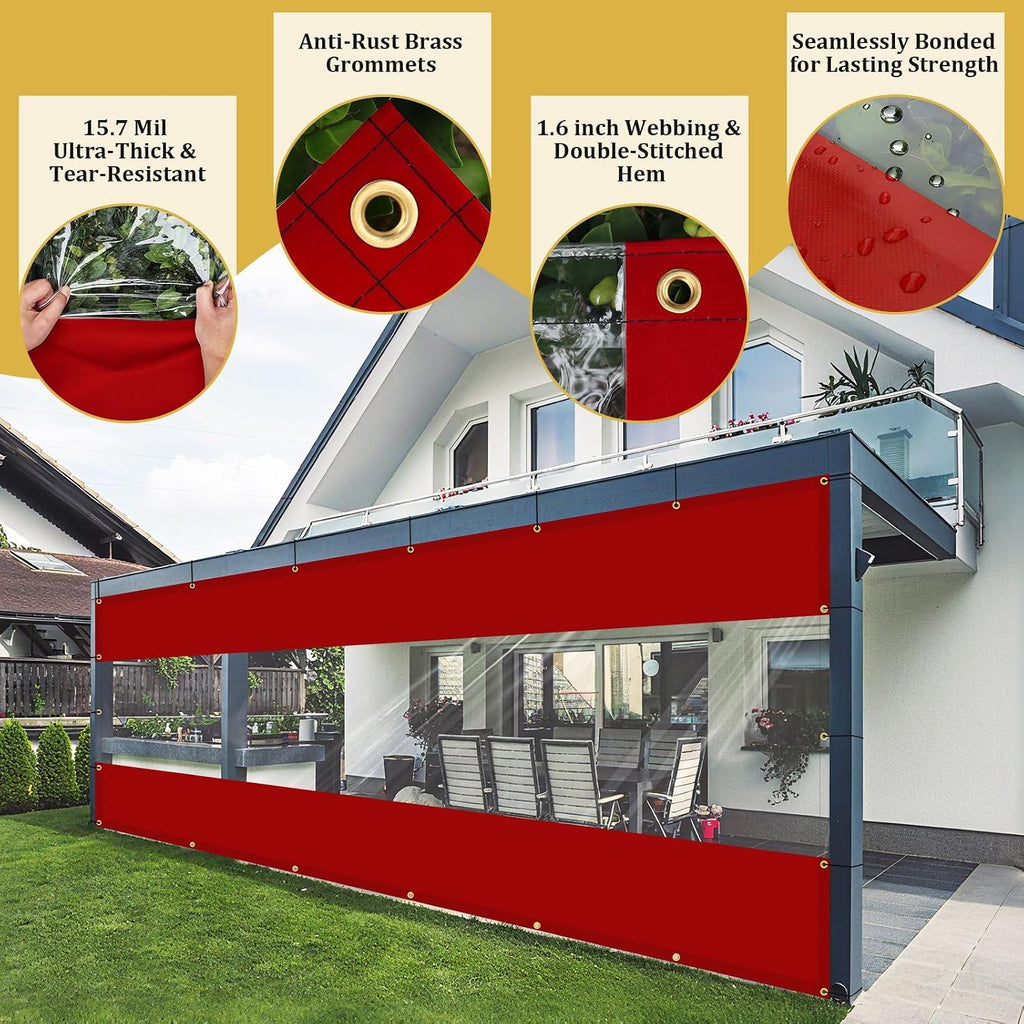 Shade&Beyond Outdoor Vinyl Curtain, 12' W x 10' L Heavy Duty Clear Tarp with Grommets Waterproof, Privacy Clear Panel UV-Resistant for Pergola Gazebos Porch Enclosure Patio(Customized Size, Red)
