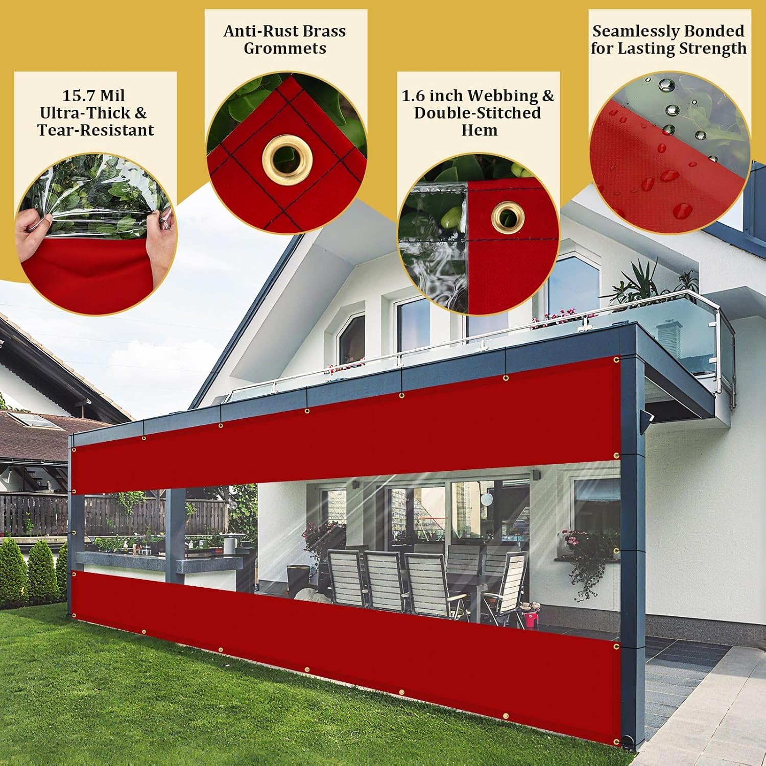 Shade&Beyond Outdoor Vinyl Curtain, 12' W x 10' L Heavy Duty Clear Tarp with Grommets Waterproof, Privacy Clear Panel UV-Resistant for Pergola Gazebos Porch Enclosure Patio(Customized Size, Red)