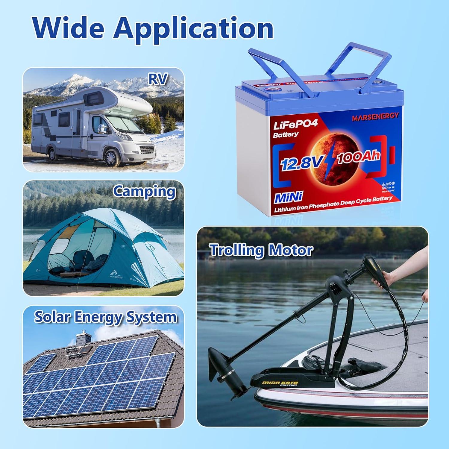 12V 100Ah Lifepo4 Battery, Bci Group 24 Size, Built-In 100A Smart BMS, 4500-15000 Deep Cycle Grade A Lithium Cells For RV Travel, Trolling Motor, Marine, Boat, Solar Panel, Off Grid,Camping