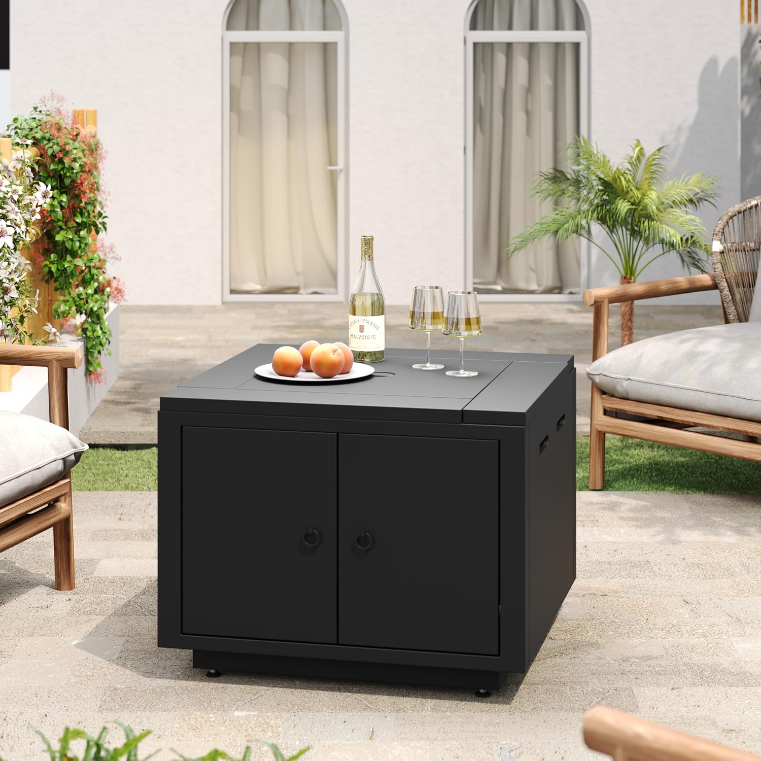 Christopher Knight Home Senna Outdoor Fire Pit with Lava Rocks and Protect Cover, Galvanized Steel Construction Tank Table, 40000 BTU Square Tabletop Fire Pit, Patio Gas Fireplace Table, Black