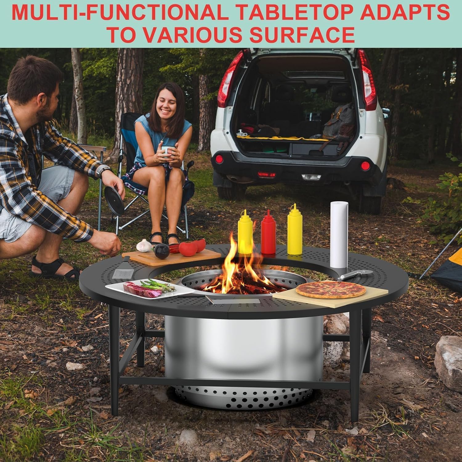 Fire Pit Surround Tabletop for Solo Stove Yukon/Bonfire/Tiki Accessories, Smokeless Fire Pit Table & Dust Cover for Solo Stove and Other Wood Burning, Powder-Coated Steel Stove Table Surround,45 Inch