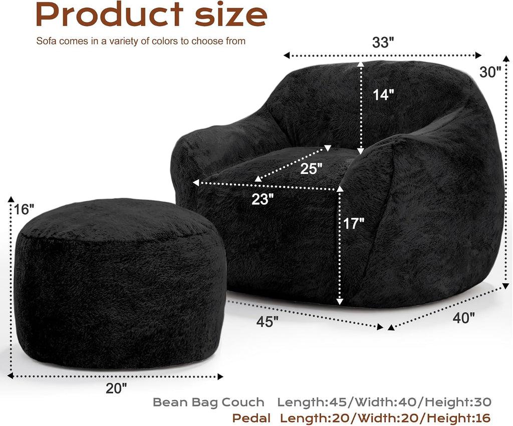 Giant Bean Bag Chair for Adults, Large Memory Foam BeanBag Chairs, Oversized Bean Bag Sofa with Filler, Faux Fur Big Reading Chair Comfy Floor Sofa Chair (Black, Single with Ottoman)