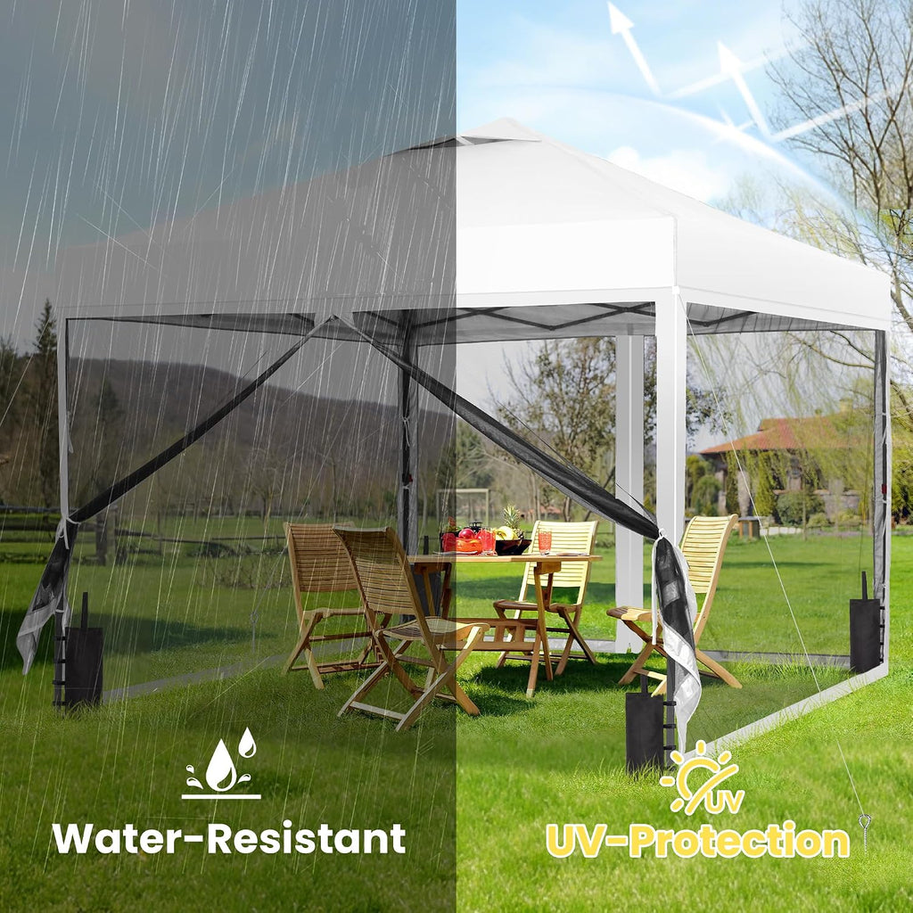 GDY 10x10 Pop up Canopy Tent with Mosquito Netting, Easy up Gazebo for Patio, Camping and Garden, Includes 4 Sandbags, White