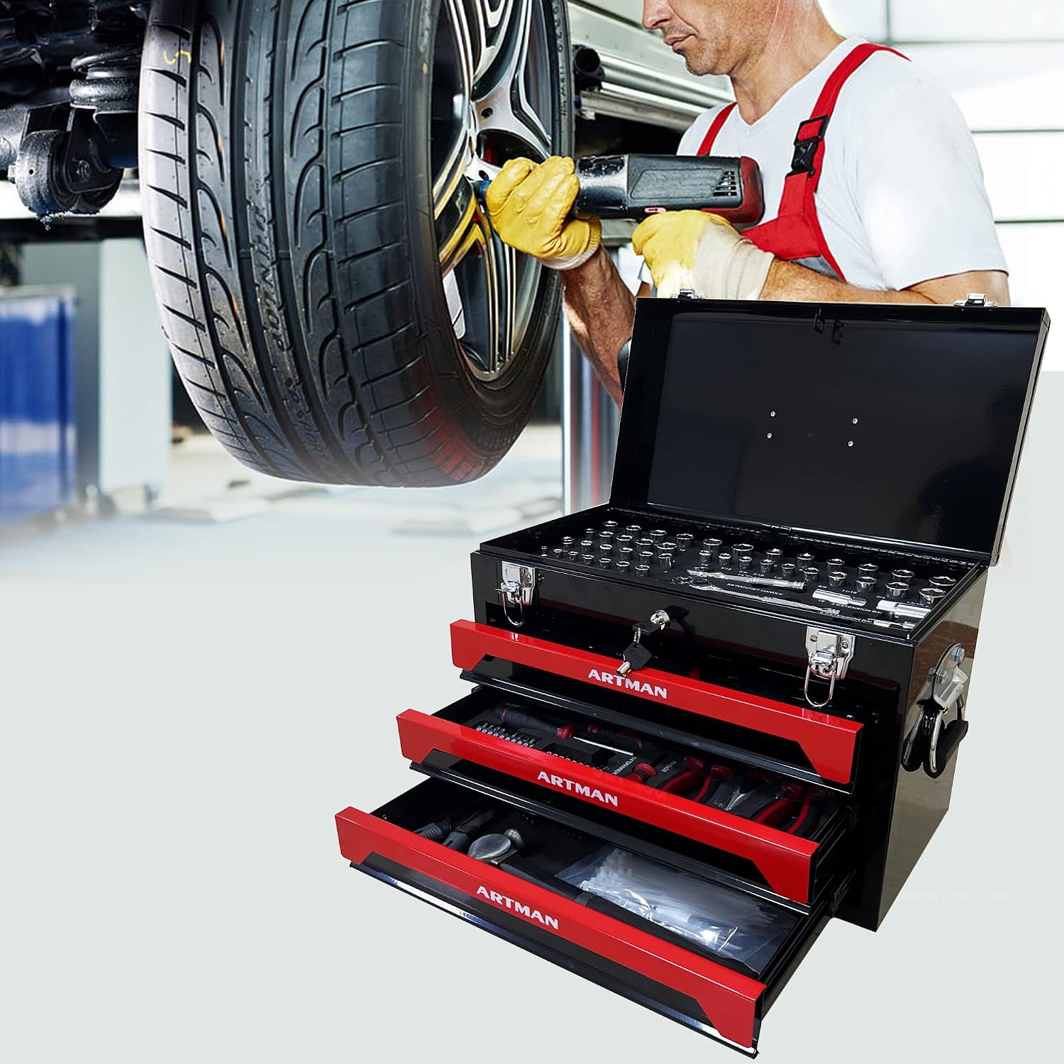 439-Piece Mechanic Tool Set in Heavy-Duty 3-Drawer Steel Box with 4-Tier Socket, Wrenches & Pliers. Portable Household Tool Kit Organizer Case for Auto Repair, Garage, Workshop. Red