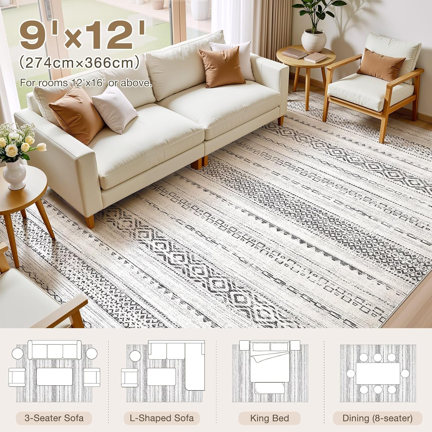 kakania 9x12 Washable Area Rug: Non Slip Soft Thin Carpet, Boho Geometric Modern Decor, Easy Clean Indoor Floor Large Rugs for Living Room Bedroom Kids Dorm Office Dining - Square Grey