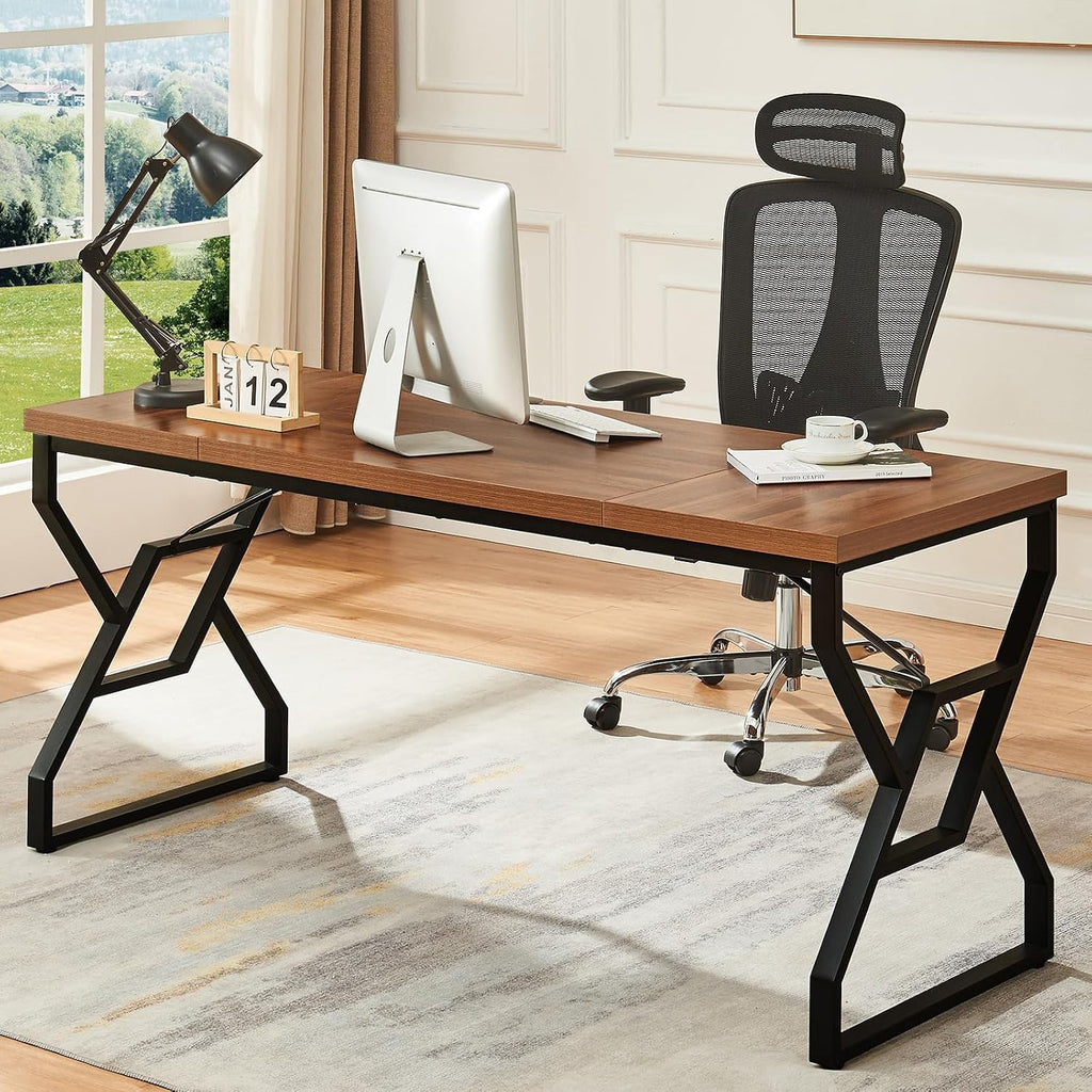 HOMISSUE 63-inch Executive Desk, Large Home Office Desk with Engineered Wood Tabletop and Metal Frame, Rustic Writing Desks with Sturdy Structure, Computer Desks for Home Office, Study Room,Brown