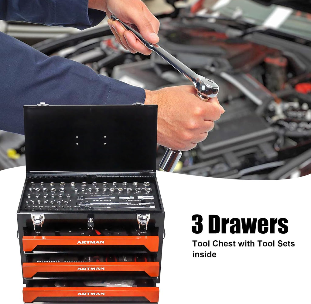 439-Piece Mechanic Tool Set in Heavy-Duty 3-Drawer Steel Box with 4-Tier Socket, Wrenches & Pliers. Portable Household Tool Kit Organizer Case for Auto Repair, Garage, Workshop. Orange