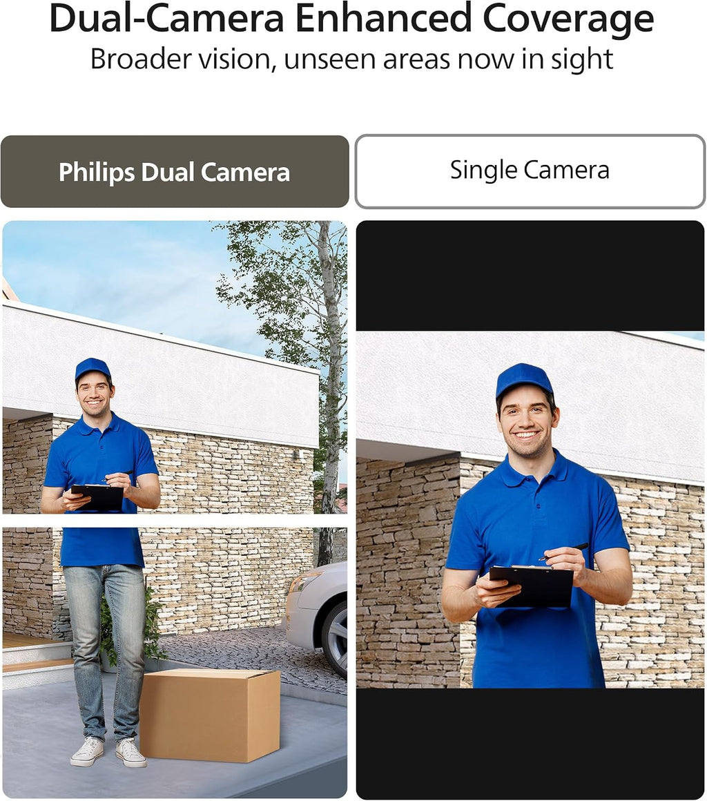 Philips Security Video Doorbell Camera (Chime Included), No Monthly Fee, Dual Cameras 2K QHD with Motion Detection, 2-Way Audio, Supports Alexa & Google Assistant, Battery/Wired Powered