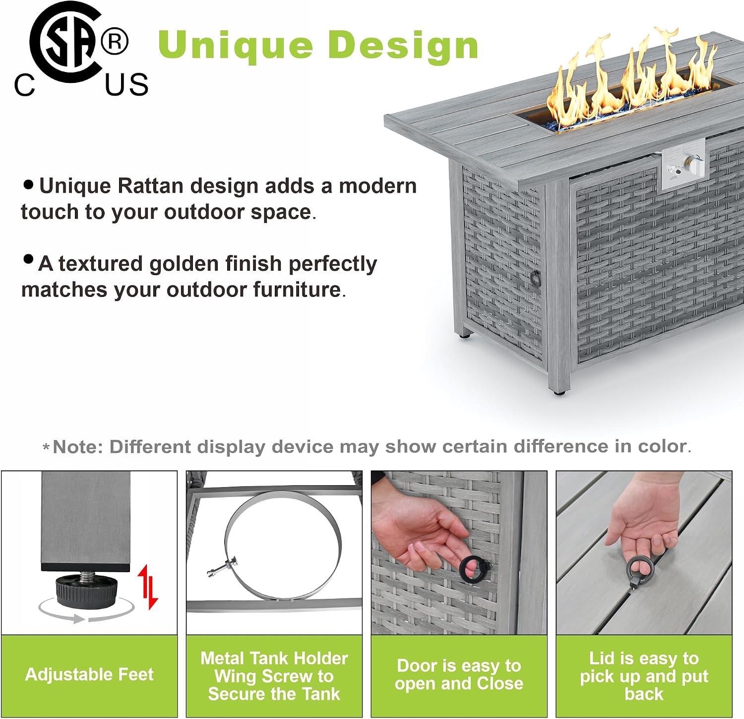 Dineli 43-Inch Rectangular Propane Fire Pit Firepits for Outside Patio Fire Pit Table, Gas Fire Pits with Adjustable Feet, Tabletop Fire Pits for Backyard Deck Balcony, 50,000 BTU, Light Gray