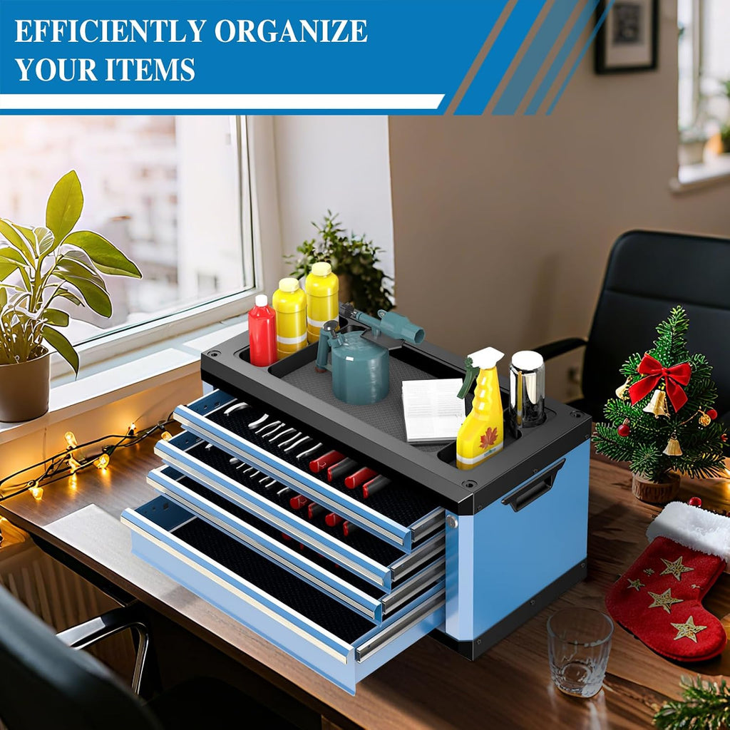 4-Drawer Tool Box with Lock&Keys,Portable Tool Box with Multifunctional Countertop,with Drawer Liner&Connecting Holes, Stacking with Same-Series 5&7-Drawer Tool Chests to Combine a Larger One