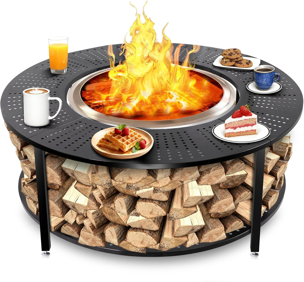 48.5 Inch Universal Fire Pit Surround Tabletop for Solo Stove Yukon & Tiki 27.5, Outdoor Patio Stand with Firewood Storage Shelf, Heavy Duty Steel, 200LB Capacity