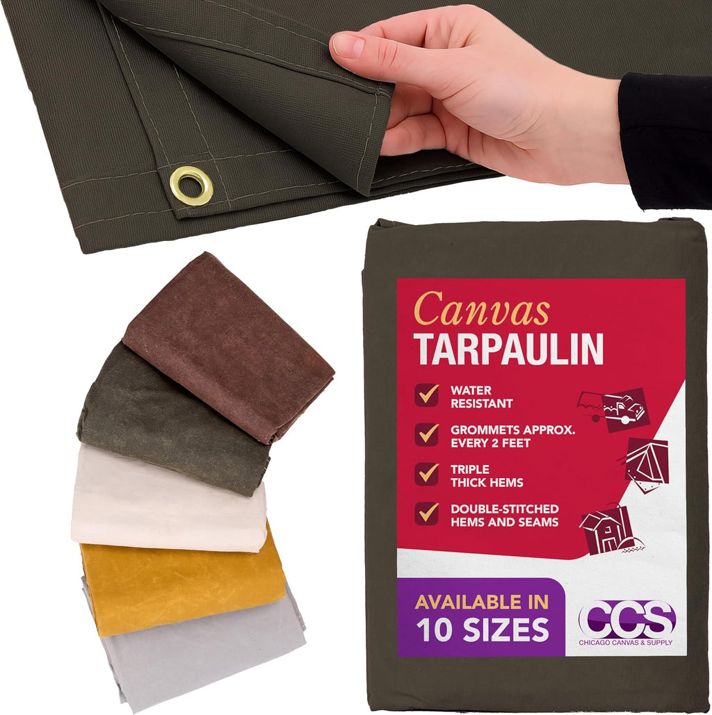 CCS Waterproof Canvas Tarp Cover – Heavy Duty Duck Cloth, Waxed Canvas Tarpaulin with Rustproof Brass Grommets for Camping, Construction, Equipment & Outdoor Use (Olive Drab, 12x16 Ft)