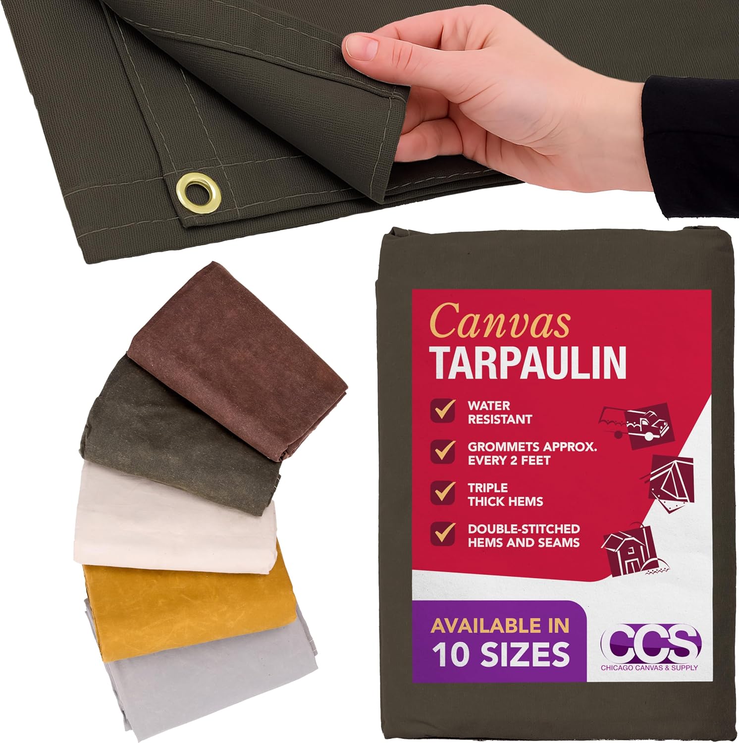 CCS Waterproof Canvas Tarp Cover – Heavy Duty Duck Cloth, Waxed Canvas Tarpaulin with Rustproof Brass Grommets for Camping, Construction, Equipment & Outdoor Use (Olive Drab, 12x16 Ft)