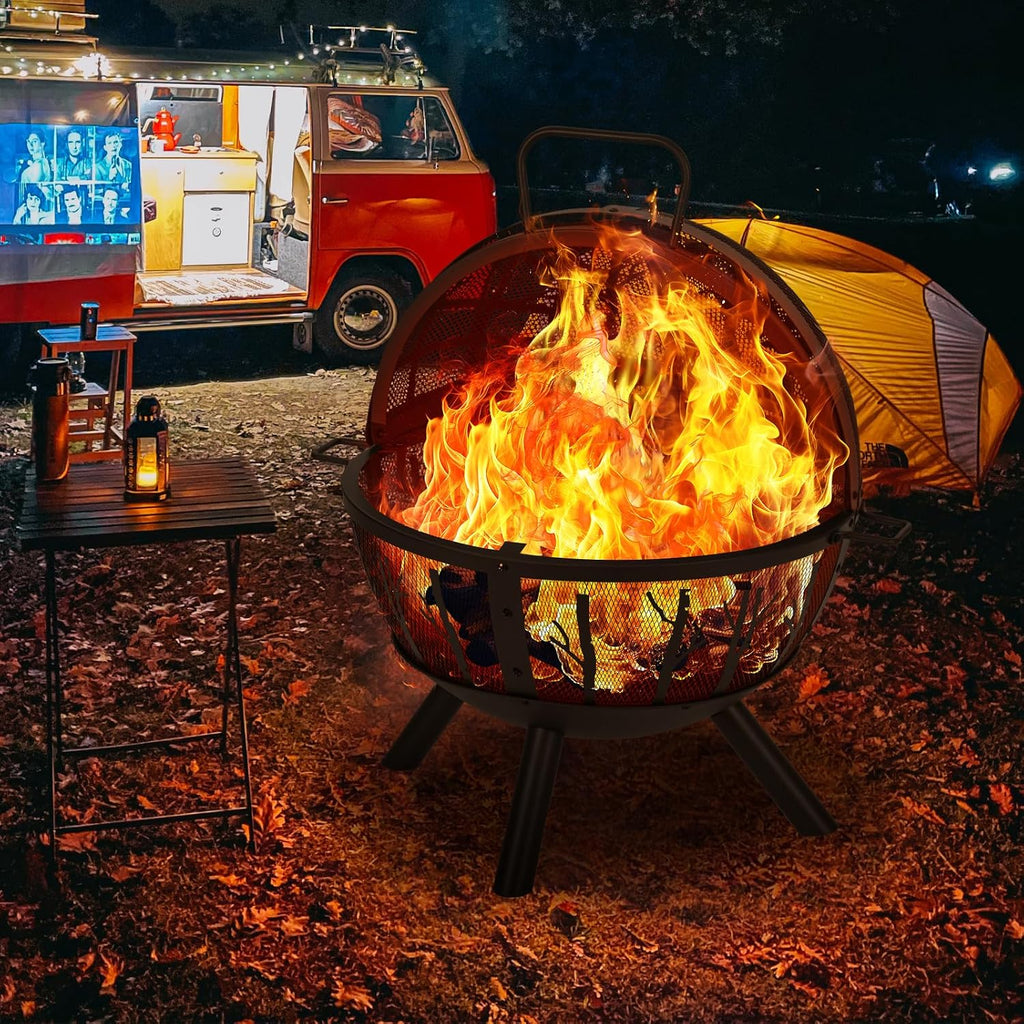 Panovue 35 Inch Wood Burning Fire Pit with BBQ Grill, Heavy Duty Fire Pits Ball for Outside with Spark Screen & Removable Ash Pan, Outdoor firepit & Fireplace for Bonfire in Garden, Yard