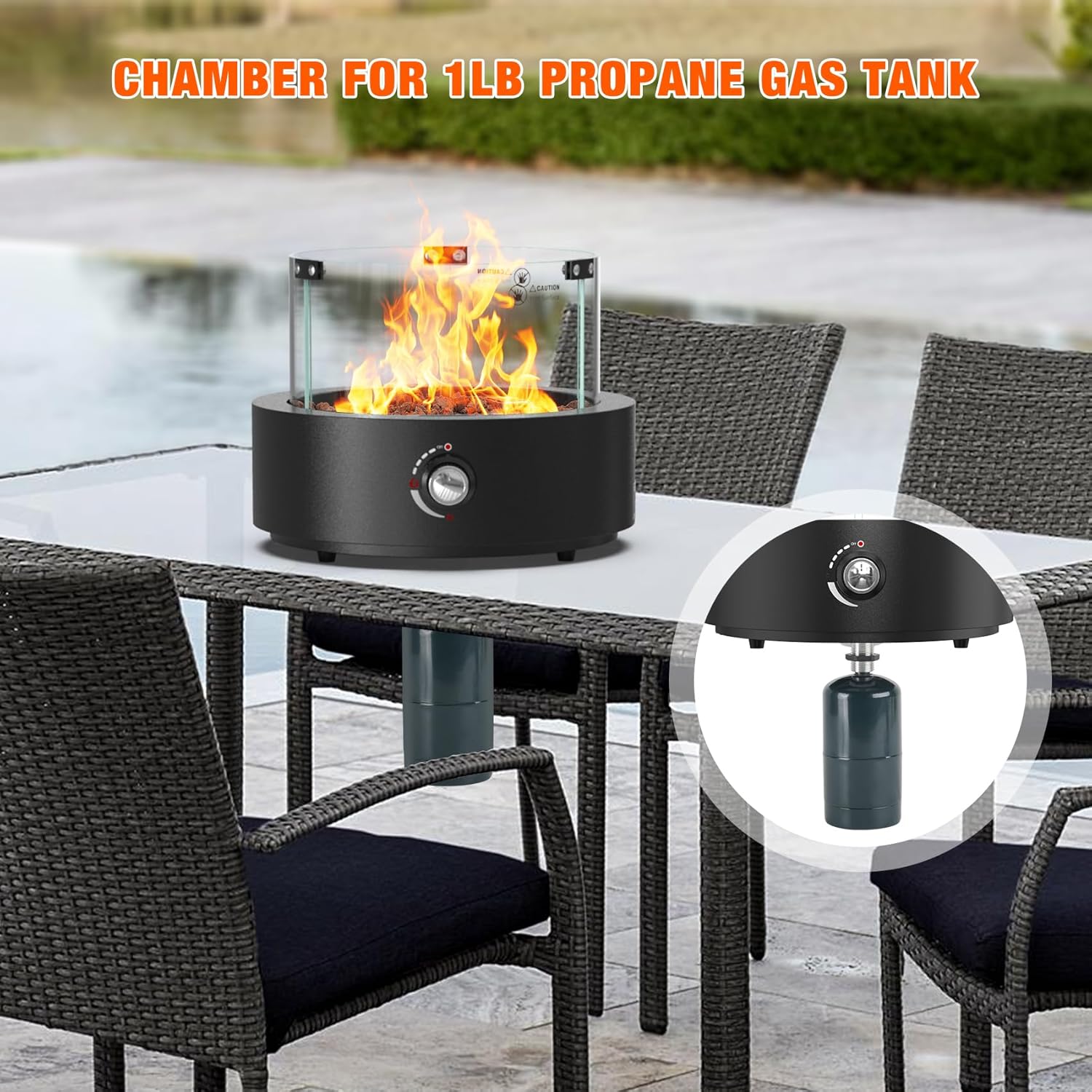 Portable Propane Gas Fire Pit Bottom-Mounted for Table with Umbrella Hole, Tabletop Smokeless Firepit with Wind Guard for Patio Camping RV Tailgating, 23000BTU, Round FP039