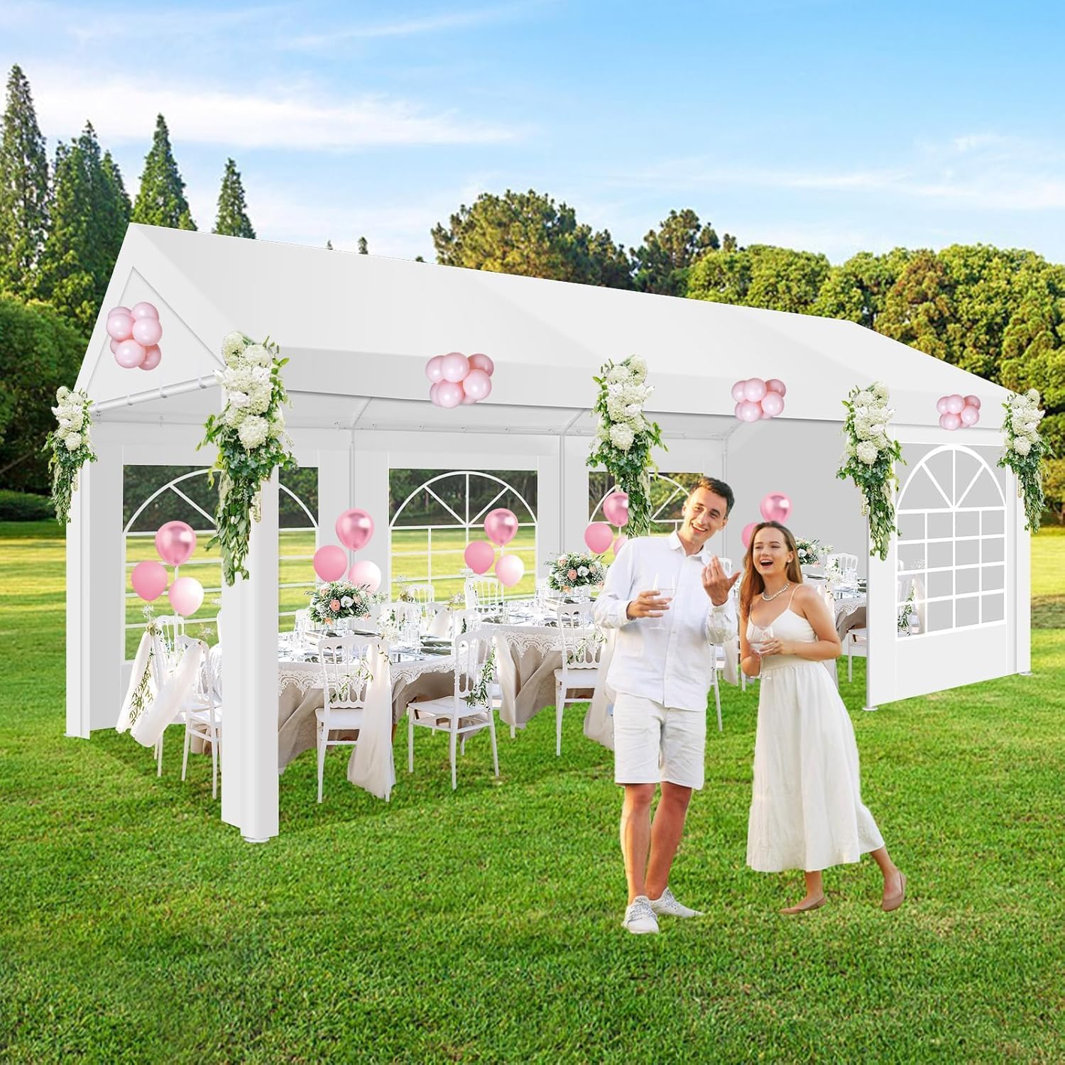 COBIZI 10x20 Party Tent Heavy Duty for Parties, Powder Coating (Better Than Galvanized), Waterproof for Church & Wedding, Large Outdoor Event Gazebo with Removable Sidewall & Built-in Sandbag, White