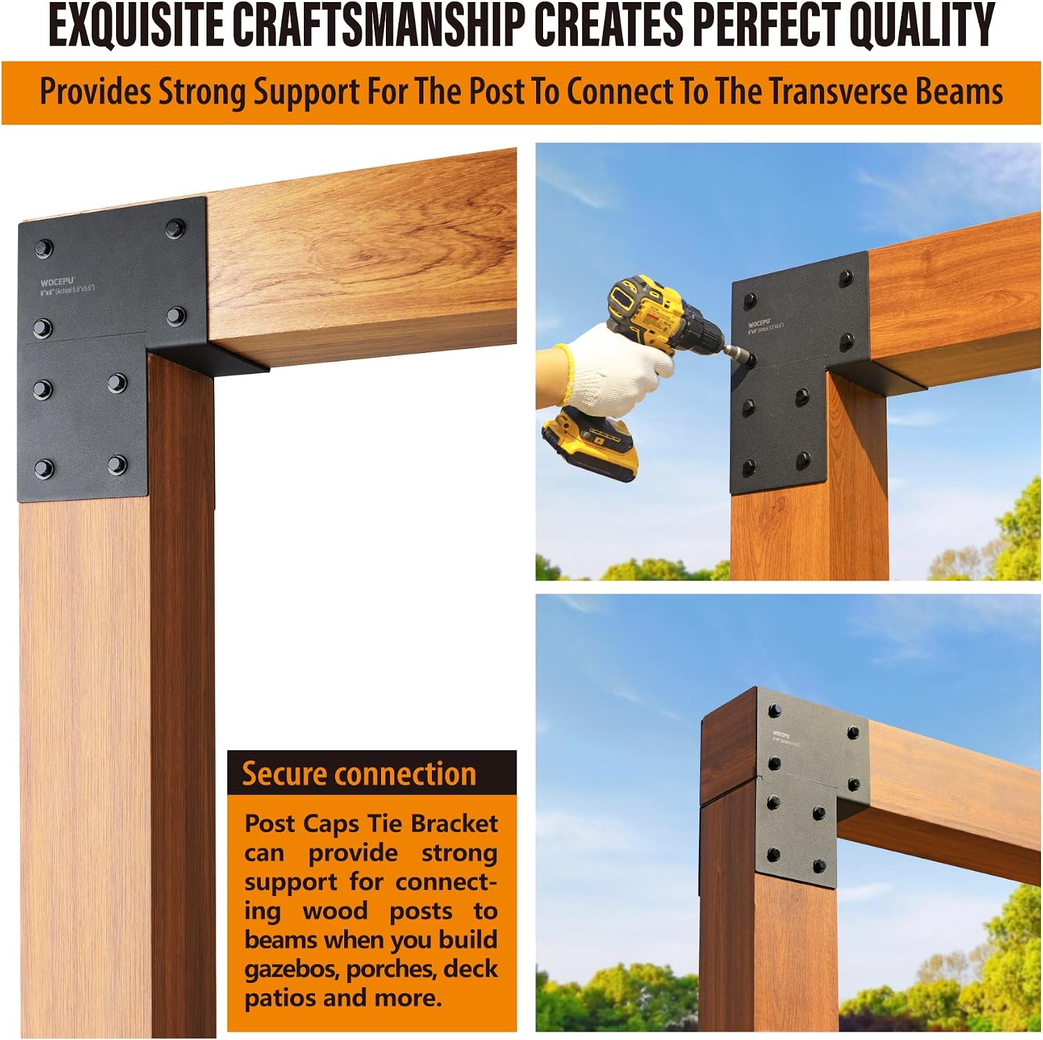 4 Pack Heavy Duty 6x6 (Actual 5.5'x5.5') Stainless Steel End Post Caps Tie Bracket , Fit Connecting Wood Gazebo, Deck Patio Post and Wood Beams Bracket (Dark Ggray)