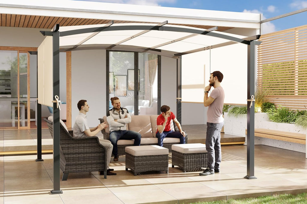 10' x 10' Arched Top Outdoor Pergola, Pergola Canopy with with Adjustable and Retractable Canopy for Patio Use, Metal Pergola with Durable and Sturdy Frame & Water-Resistant Canopy, Beige
