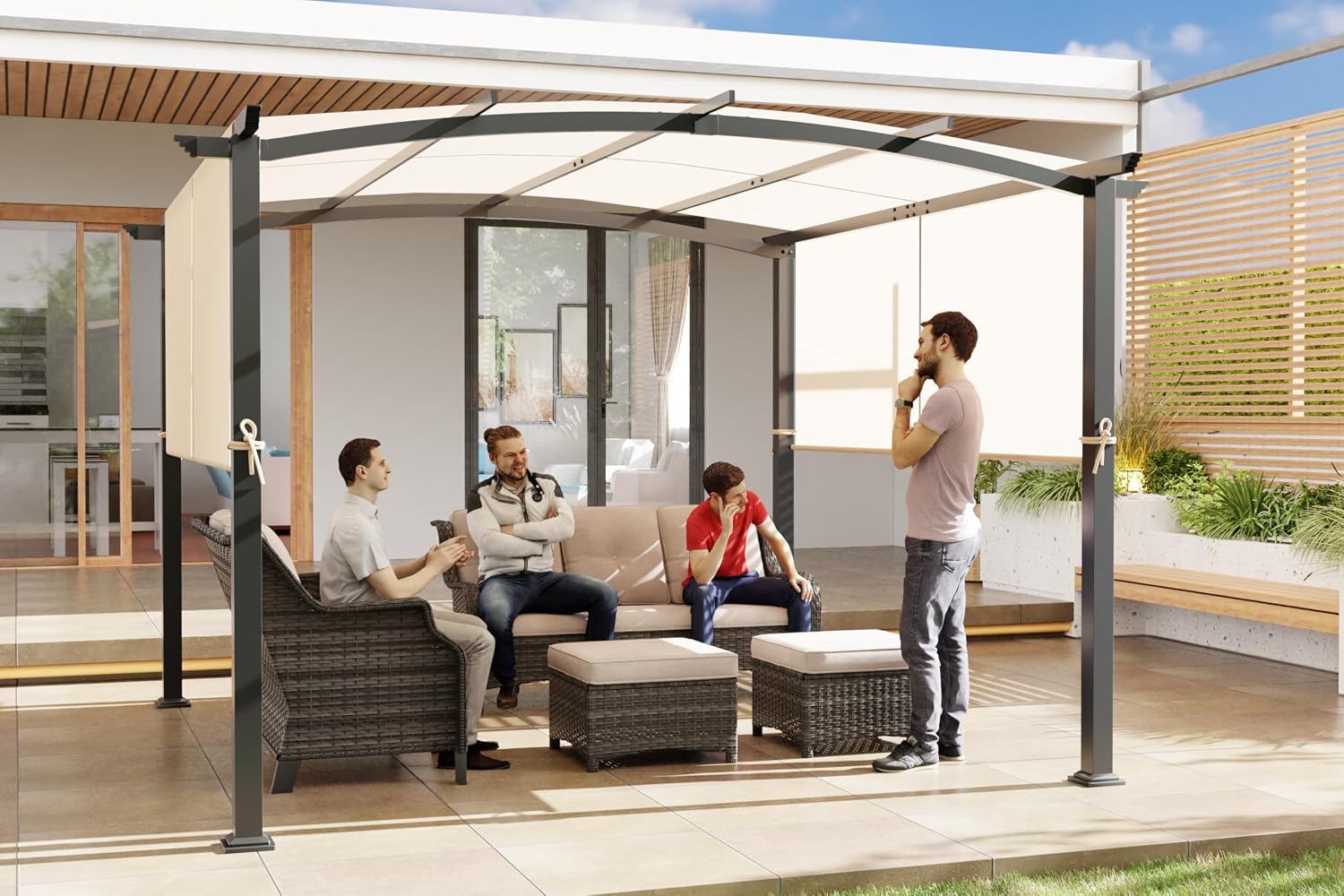 10' x 10' Arched Top Outdoor Pergola, Pergola Canopy with with Adjustable and Retractable Canopy for Patio Use, Metal Pergola with Durable and Sturdy Frame & Water-Resistant Canopy, Beige
