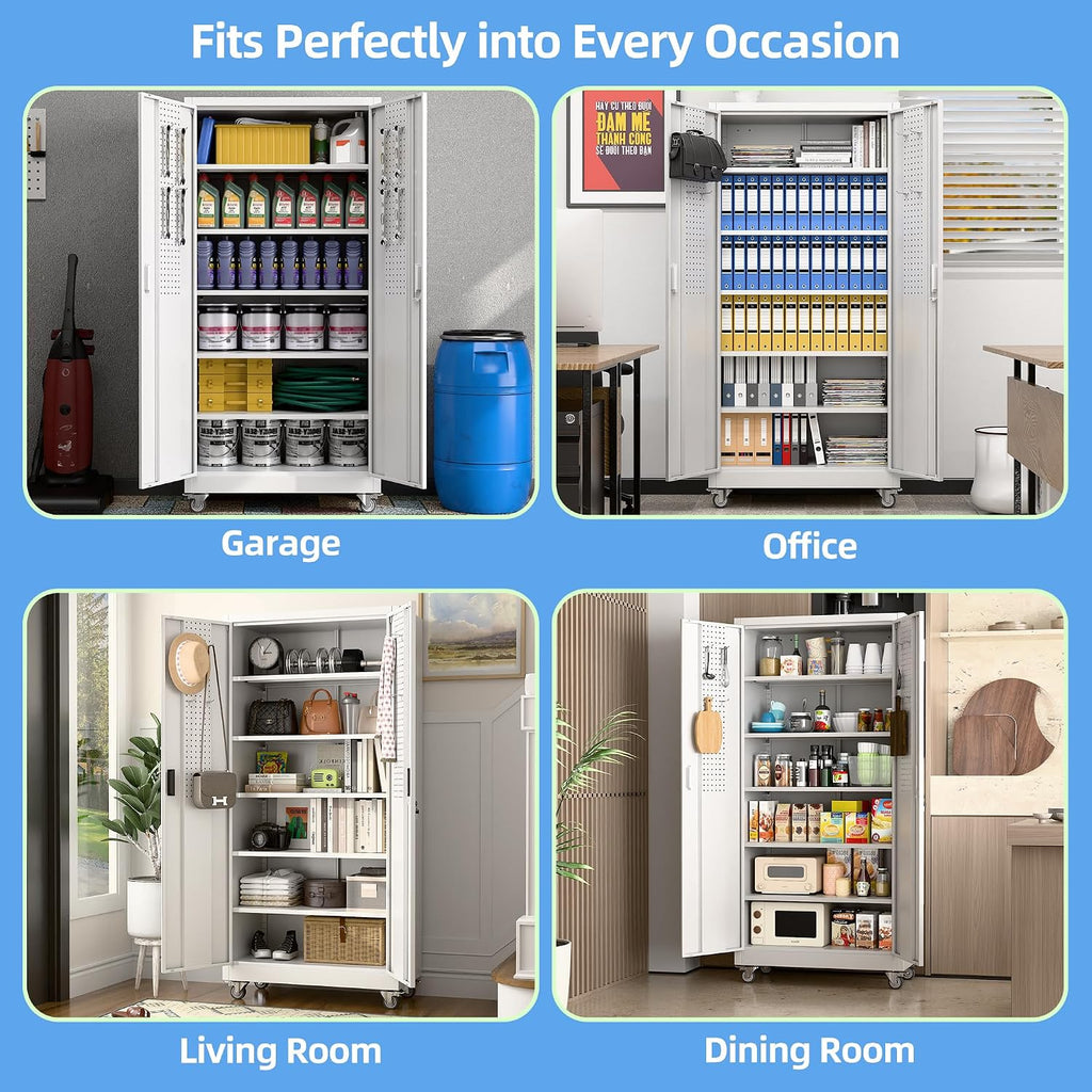 Metal Storage Cabinet with Wheels and Pegboard,71' H x 32' W x 16' D Garage Storage Cabinet with 2 Doors and 5 Adjustable Shelves for Garage, Home, Warehouse, Closet, Assembly Required, White