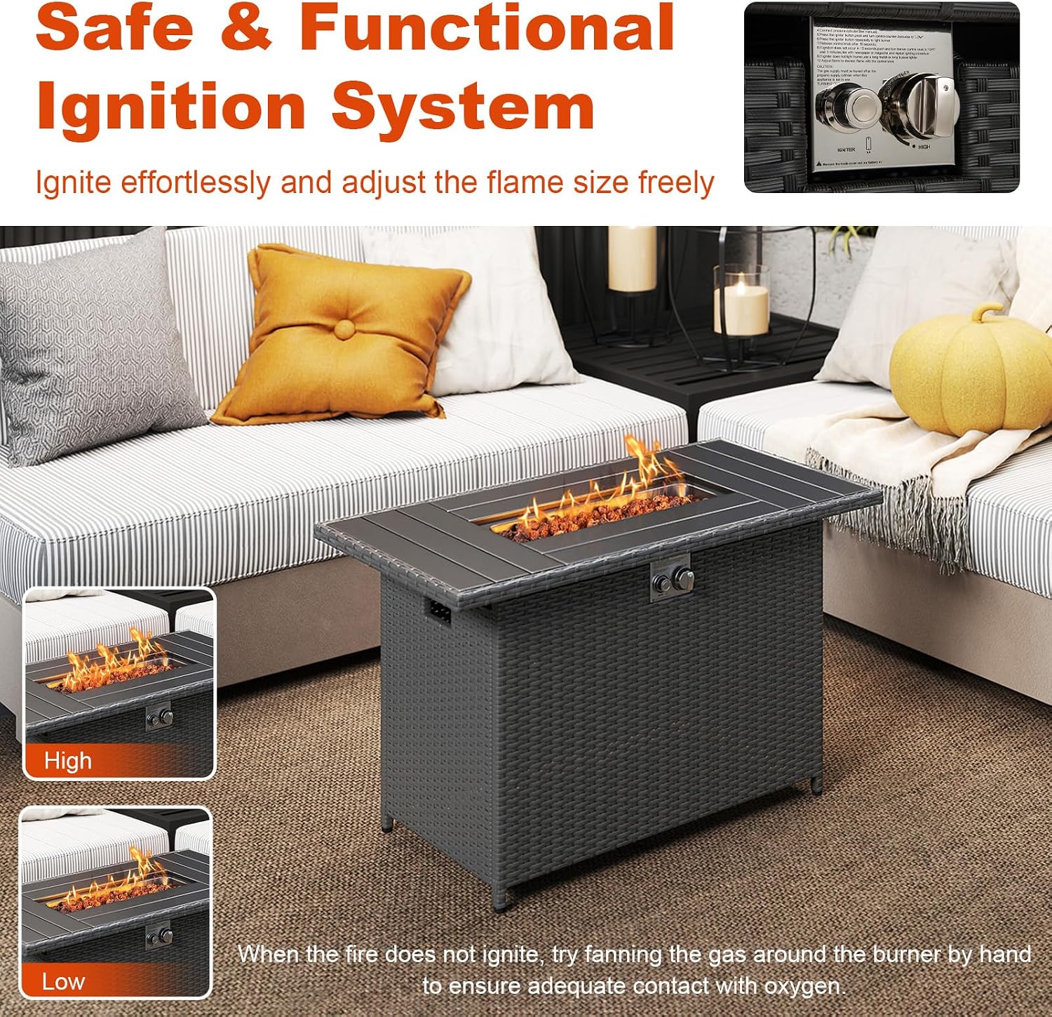 Tangkula 44.5 Inch Propane Fire Pit Table, Outdoor Rattan Gas Firepit with Metal Slatted Tabletop & Stainless Steel Burner, Rectangle Fire Pit with Lava Rocks & Protective Cover for Outside Patio
