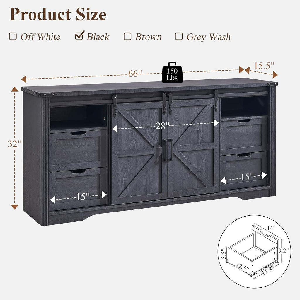 JXQTLINGMU Farmhouse TV Stand for 75+ Inch TV, 32' Tall Entertainment Center w/4 Drawers & Sliding Barn Door, Rustic Media Console w/Storage Shelves, 66' Wood Television Stand for Living Room, Black