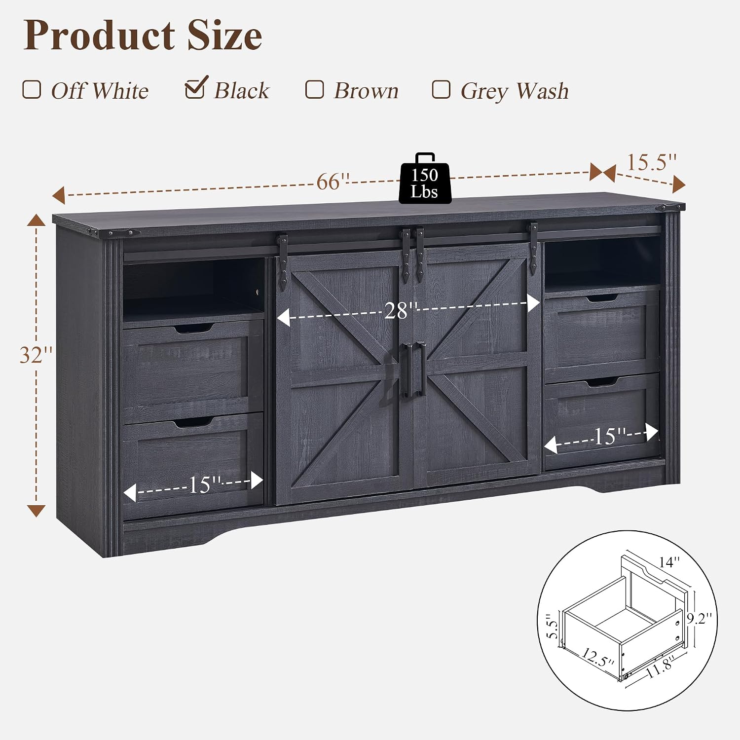 JXQTLINGMU Farmhouse TV Stand for 75+ Inch TV, 32' Tall Entertainment Center w/4 Drawers & Sliding Barn Door, Rustic Media Console w/Storage Shelves, 66' Wood Television Stand for Living Room, Black