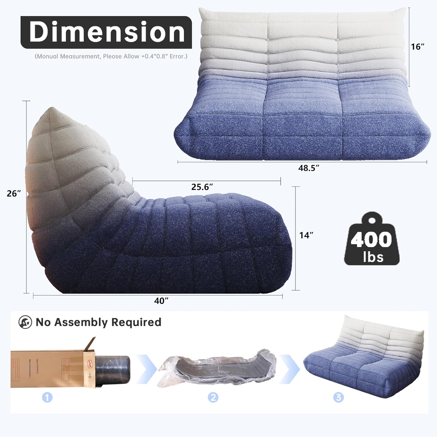 WHGBJA Bean Bag Chairs for Adults, Memory Foam Couch Loveseat Sofa Chair, Soft Teddy Material Cozy Comfy Reading Nook Chairs, Floor Chair for Living Room Bedroom Office(Blue-White)