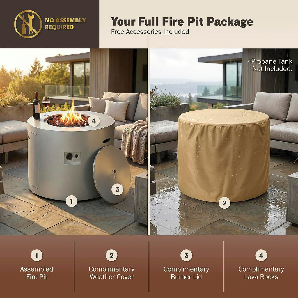 32' Propane Fire Pit Table Round Smokeless w/Lid Alloy Steel Outdoor Gas Firepit Table 50,000 BTUs Includes Lava Rocks and Weatherproof Cover for Wooden Deck Backyard and Pool (Grey)