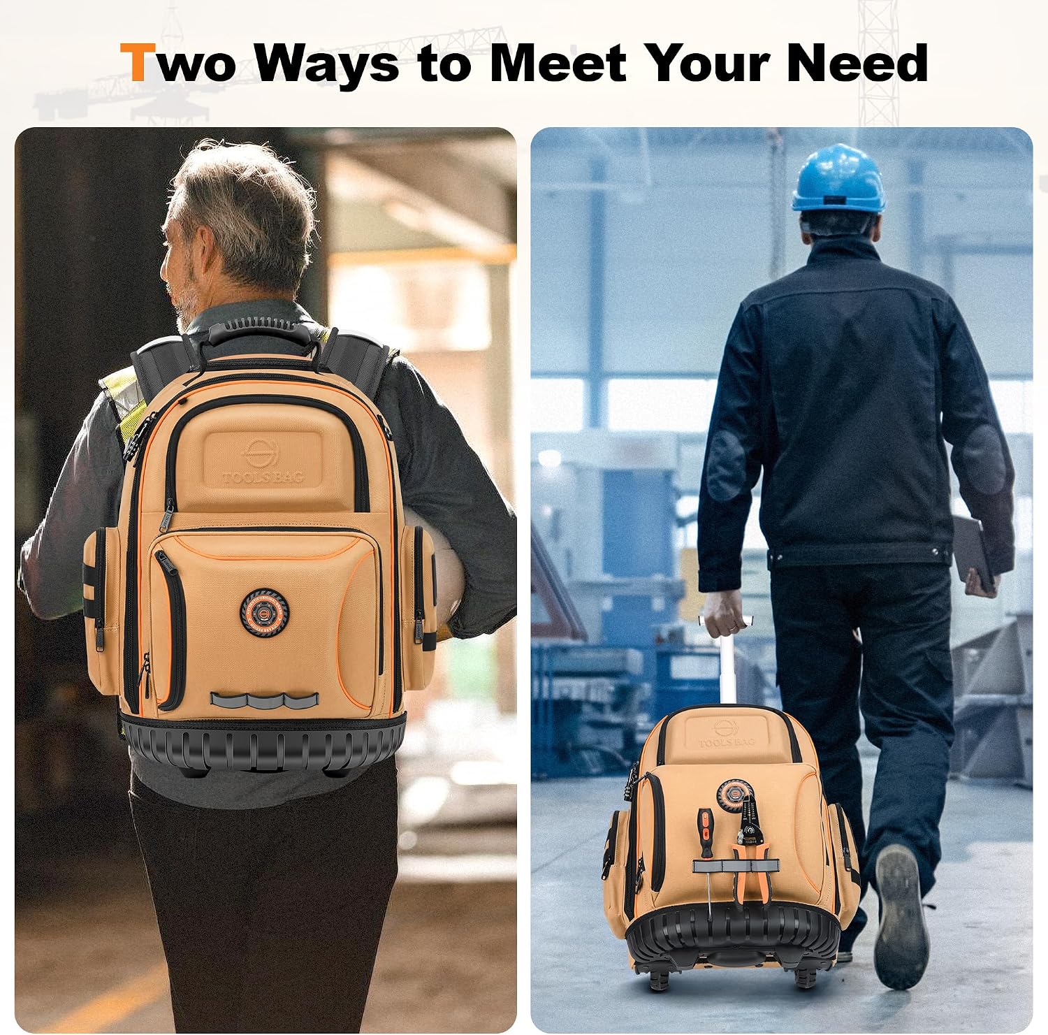 Backpack Tool Bag with Wheel, Rolling Tool Backpack for Electrician Heavy Duty Roller Tool Bag on Wheel for Construction Work, 75 Pockets & Loops Tool Backpack with Molded Base and Lock - Brown