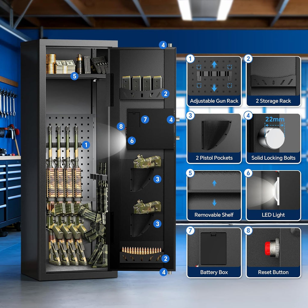8-10 Gun Rifle Safe for Home Security, Gun Safe for Rifles and Pistols - Quick Access Digital Keypad | Easy Assembly Gun Safe with Adjustable Shelves (Fits Shotguns & Ammo)