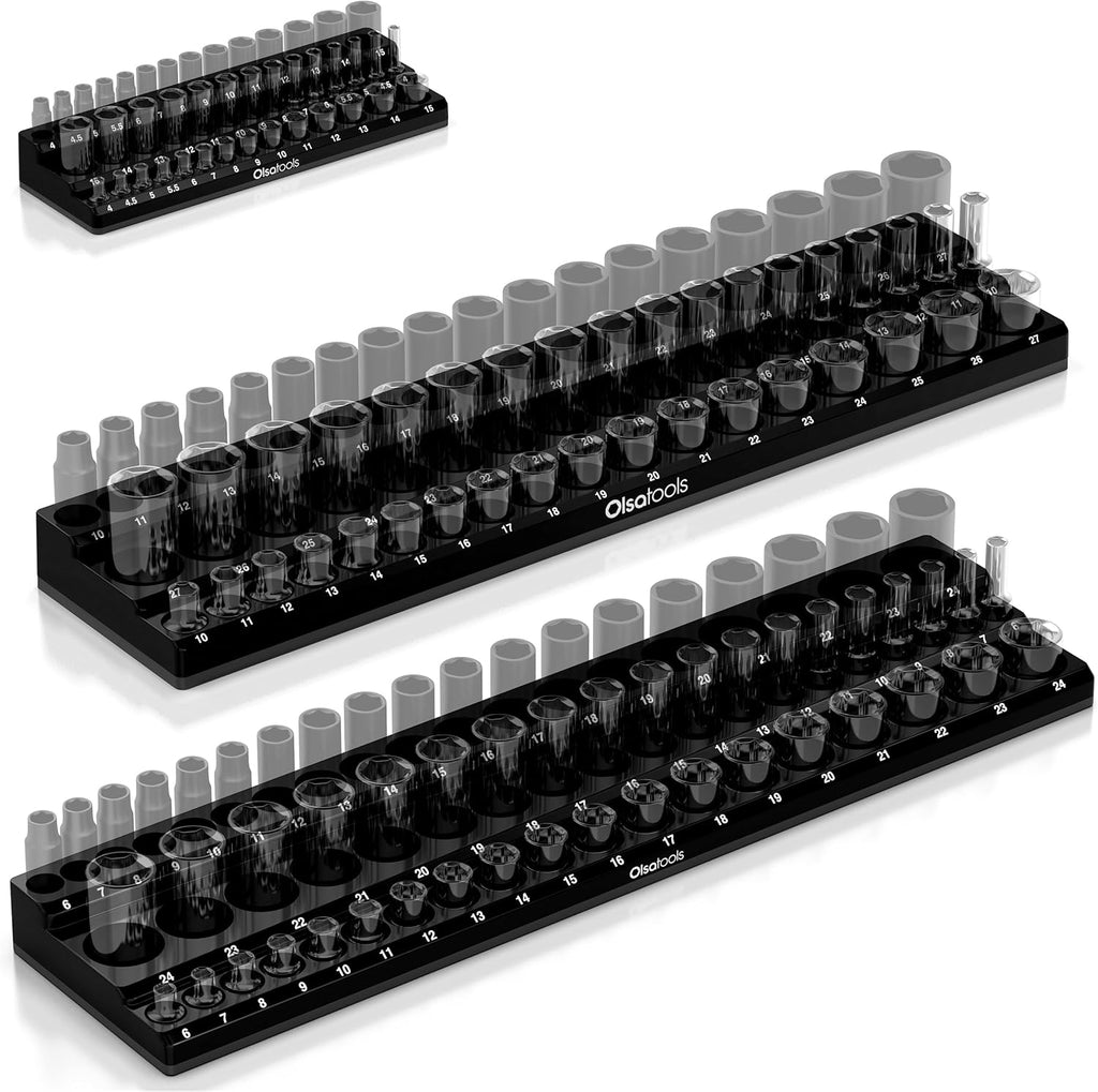 Olsa Tools 3-Row Magnetic Socket Organizer - 1/4', 3/8' & 1/2-Inch Drive Metric Socket Holder Set - Professional Tool Holder and Organizer - Stores up to 141 Sockets - Black
