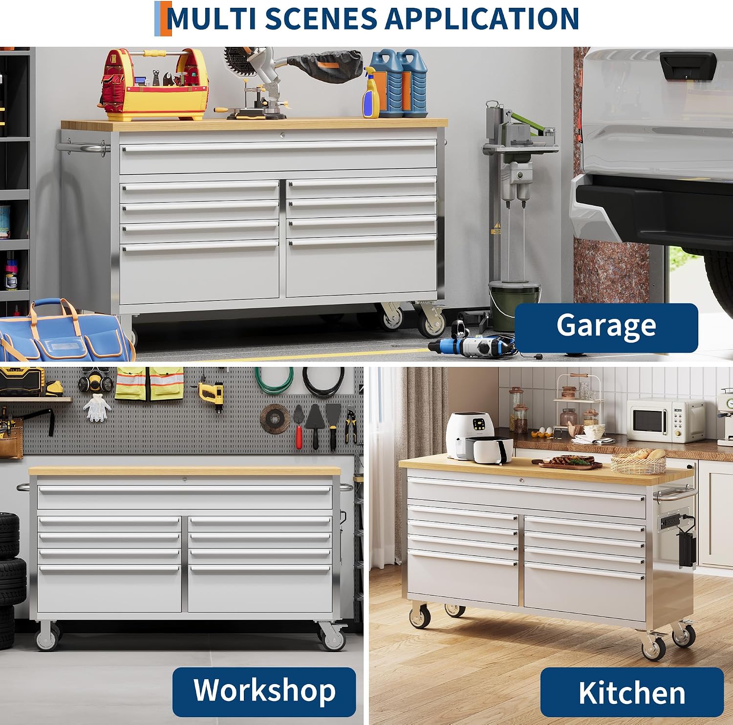 IDEALHOUSE 61 inch Rolling Tool Chest, Garage Workbench with 9 Drawers, Solid Rubber Wood Top & with Wheels Lock Key Locking, Mobile Workstation Tool Cabinet for Workshop Storage
