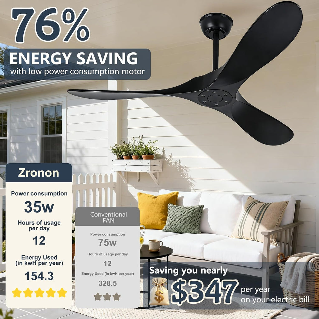 60 Inch Black Outdoor Ceiling Fan No Light, Wood Indoor Outdoor Ceiling Fans for Patios Gazebo Porch Living Room, Big Wet Rated High CFM Reversible Ceiling Fan for Sloped Angled Ceiling