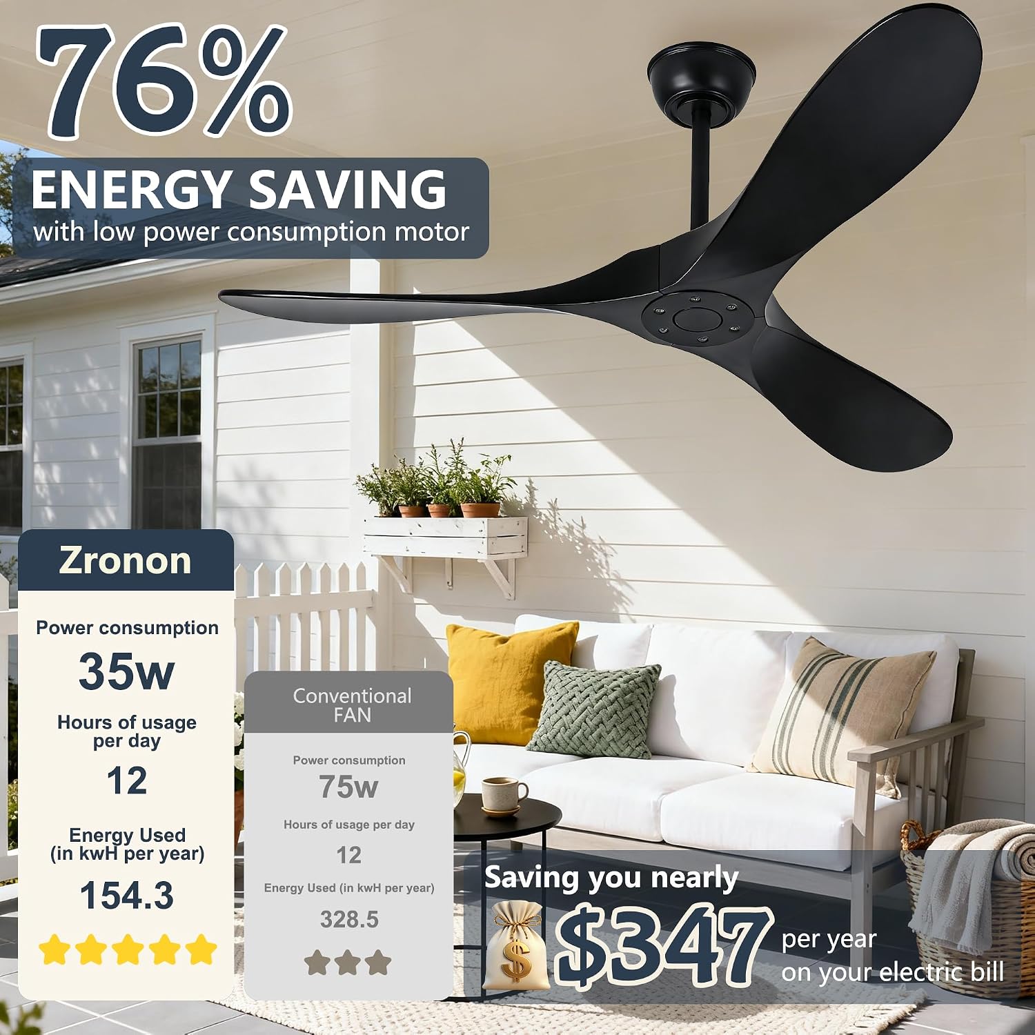 60 Inch Black Outdoor Ceiling Fan No Light, Wood Indoor Outdoor Ceiling Fans for Patios Gazebo Porch Living Room, Big Wet Rated High CFM Reversible Ceiling Fan for Sloped Angled Ceiling