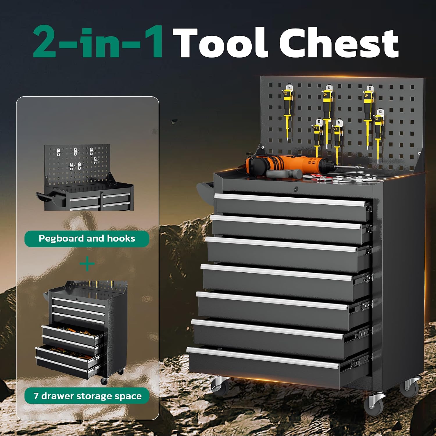 Greenvelly Tool Chest, 7-Drawer Rolling Tool Chest with Hooks and Lockable Wheels,Tool Cabinet with Pegboard and Handle for for Garage,Workshop,Art Studio(Black)