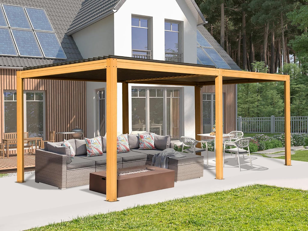 Domi Outdoor Pergola 10' x 20' Aluminum Louvered Pergola with Adjustable Roof, Wood Grain Frame, Efficient Drainage System for Patio, Deck, Garden, Yard
